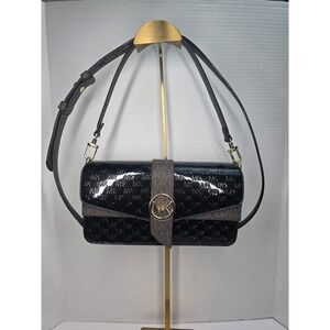 Michael Kors Greenwich medium logo-embossed patent leather shoulder bag in black